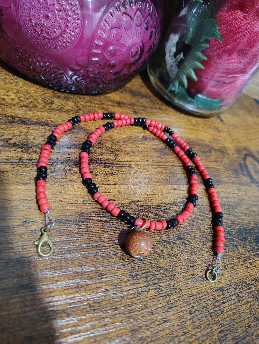 Red and Black Beaded Necklace with Goldstone Accent - Men's Necklace